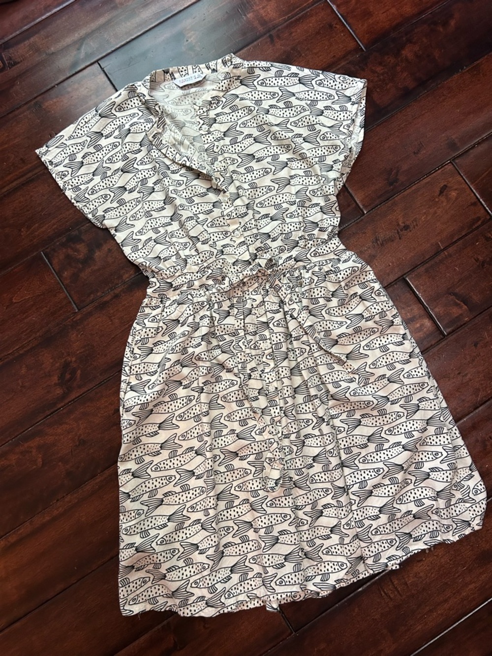 Compania Fantastica - Cream Fish-Print Mini Dress with Tie Waist